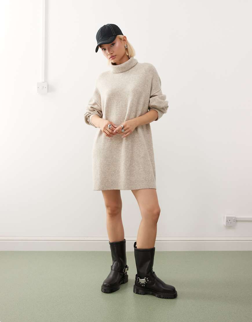 Weekday - Strick-Minikleid in meliertem Beige mit Rollkragen, exklusiv bei ASOS-Neutral von Weekday