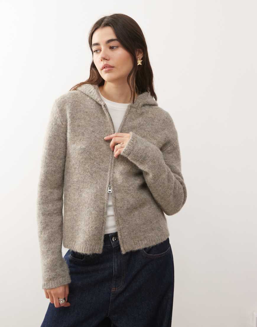 Weekday - Strickjacke in meliertem Beige mit Kapuze und durchgehendem Reißverschluss-Blonde von Weekday