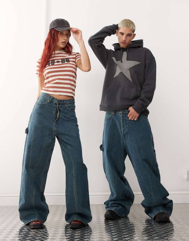 Weekday - Unisex Bash - Locker geschnittene Carpenter-Jeans in Petrolblau mit weitem Bein von Weekday
