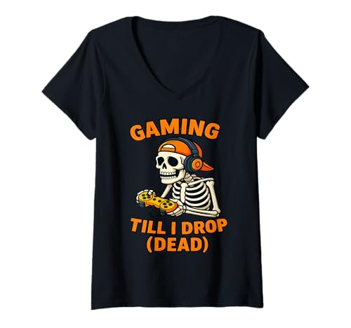 Damen Jungen Gamer Skelett Gaming Till I Drop Halloween T-Shirt mit V-Ausschnitt Damen Jungen Gamer Skelett Gaming Till I Drop Halloween T-Shirt mit V-Ausschnitt von Weekend Gaming Shirts Men Boys