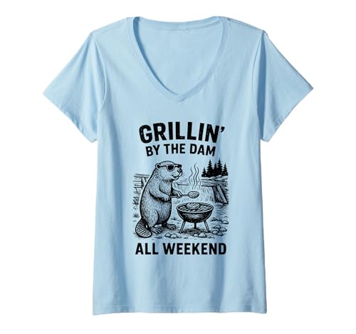 Damen Biber BBQ Grill Outdoor Camping Wochenende T-Shirt mit V-Ausschnitt Damen Biber BBQ Grill Outdoor Camping Wochenende T-Shirt mit V-Ausschnitt von Weekend Good Time Tees by TheMaesthetics