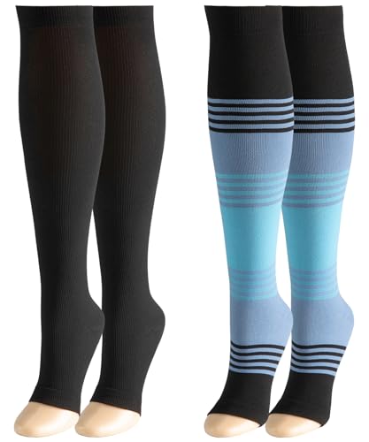 2 Paar Kompressionsstrümpfe Damen & Herren, 15-25mmHg Compression Socks, Stützstrümpfe für Krampfadern Ödeme Flug Reisen Sport (Schwarz+Blau, L-XL) von Weekend Peninsula