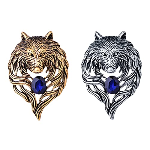 Weenkeey 2 Stück Männer Wolf Brosche Pin Retro Tier Brosche Abzeichen Anstecknadeln Wolf Kopf Kragennadeln Pin für Anzug Mantel Hemden Hüte - Gold Silber von Weenkeey