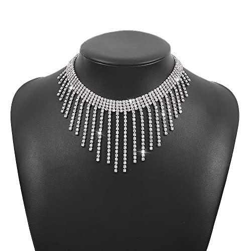 Weenkeey Quaste Strass Halsketten Strass Choker Halskette Sparkly Kristall Halsbänder Kette für Frauen Mädchen - Silber von Weenkeey