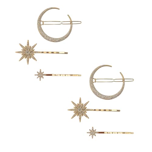 Stern Metall Haarspangen Mädchen,6 Stück Goldene Haaraccessoires,Stern Mond Metall Haarspangen mit Strasssteinen,Seitliche Hochzeits-Haarnadeln für Frauen und Mädchen mit Dickem,Dünnem Haar (Gold) von Weenwill