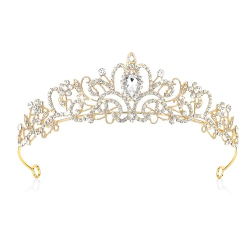 Weenwill Goldene Tiara Krone,Haarschmuck für Damen Frauen Strass Kristall Königin Tiara Mädchen Rapunzel Krone Ideal für Eine Vielzahl von Anlässen wie Hochzeiten,Partys,Abschlussbälle von Weenwill