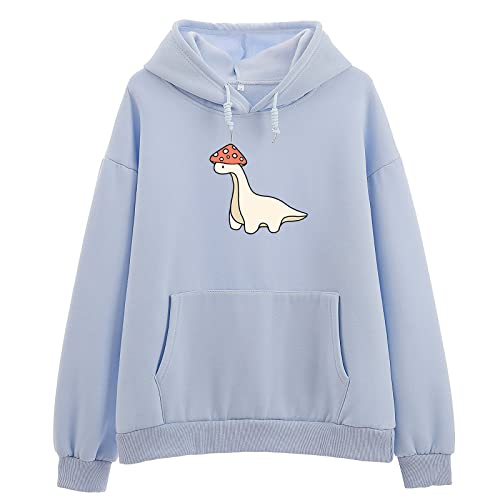 Weetiotio Übergroße süße Pilz Dino Print Hoodies für Damen Kawaii Cartoon Sweatshirt Teenager Mädchen Baumwolle Fleece Pullover, Hellblau, L von Weetiotio