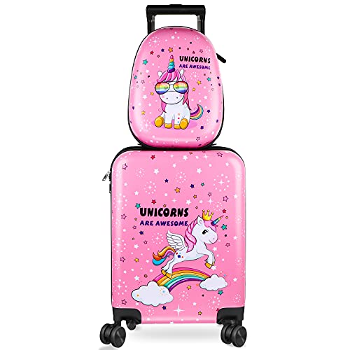 Kindergepäckkoffer und Rucksack 45,7 cm Koffer mit Spinnrollen Hartschale Reisegepäck 33 cm Rucksack Mädchen Gepäck Set für Kinder Reisekoffer, Einhorn-Muster von Weewooday