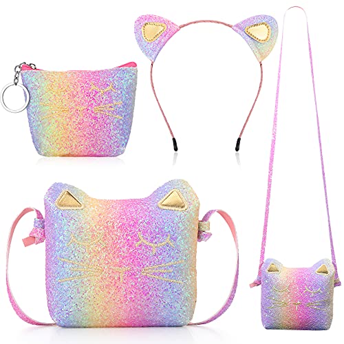 Weewooday 3 Stück Katzen Umhängetasche Geldbörsen Stirnband für Mädchen, Süße Handtaschen Katzen Handtasche mit Mini Geldbörse Katzen Stirnband für Kleines Mädchen (Glitzer Regenbogen Farbe) von Weewooday