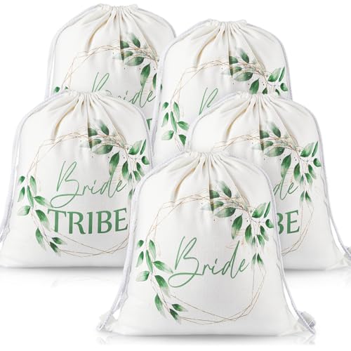Weewooday 5 Stück Baumwolle und Leinen Braut Turnbeutel mit Kordelzug inklusiv 1 Bride Beutel und 4 Bride Tribe Rucksack Segeltuch Brautparty Geschenke für JGA Hochzeit Verlobung (Eukalyptus) von Weewooday