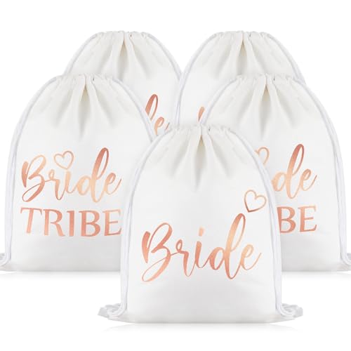 Weewooday 5 Stück Baumwolle und Leinen Braut Turnbeutel mit Kordelzug inklusiv 1 Bride Beutel und 4 Bride Tribe Rucksack Segeltuch Brautparty Geschenke für JGA Hochzeit Verlobung (Rose Bronzierung) von Weewooday