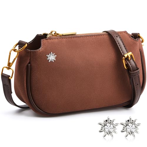Weewooday Damen Trachtentasche mit 3 Edelweiß Strass Broschen Kleine Umhängetasche Trachten Handtasche mit Verstellbarer Schultergurt Dirndltasche Bierfest Schultertasche(Kaffee) von Weewooday