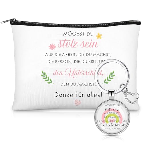 Weewooday Kollegin Abschiedsgeschenk Set 1 Kollegen Abschied Schlüsselanhänger 1 Motivierende Kosmetiktasche Abschied Kollegin für Jobwechsel (Danke für Alles) von Weewooday