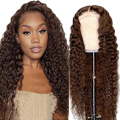 Weeybay Echthaar Perücke Deep Wave Human Hair Wig Glueless Wear and Go 4X1 Lace Closure PerüCken Damen with Baby Hair Bleached Knot Chocolate Brown Color for Woman 28 Zoll von Weeybay