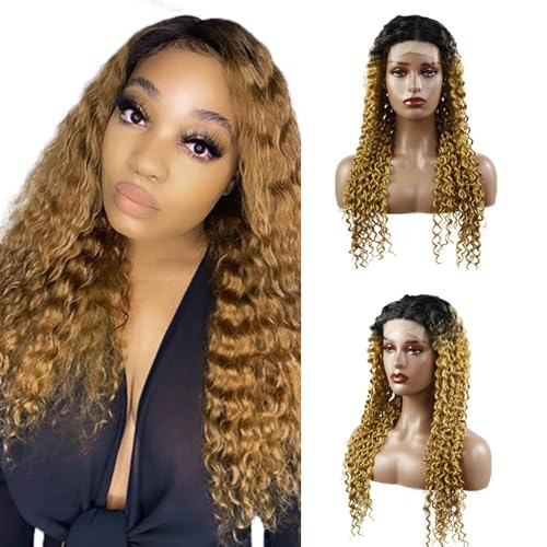 Weeybay Deep Wave 4x4 Lace Front Wigs 1B/27 Black Root Honey Blonde 100% Unprocessed HD Transparent Human Hair Wigs Ombre Blonde Color for Women 26 Inch von Weeybay