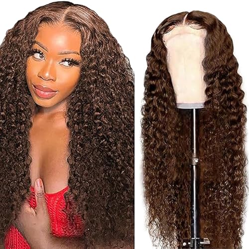 Weeybay Echthaar Perücke Deep Wave Human Hair Wig Glueless Wear and Go 4X1 Lace Closure PerüCken Damen with Baby Hair Bleached Knot Chocolate Brown Color for Woman 32 Zoll von Weeybay