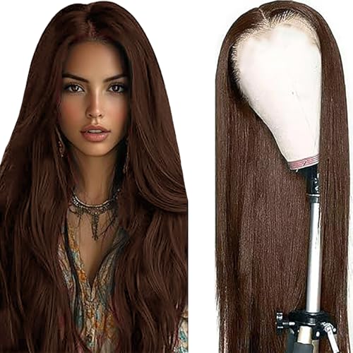Weeybay Echthaar Perücke Straight Human Hair Wig Glueless Wear and Go 4X1 Lace Closure PerüCken Damen with Baby Hair Bleached Knot Chocolate Brown Color for Woman 24 Zoll von Weeybay
