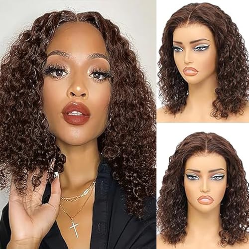 Weeybay Echthaar Perücke für Damen Perücken Short Bob Curly Wave Human Hair Wig Chocolate Brown 4X4 Lace Closure 150% Density Unprocessed Remy Glueless #4 Color 12 Zoll von Weeybay