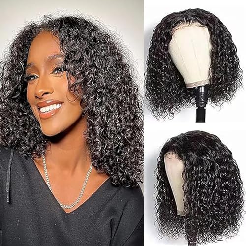 Weeybay Echthaar Perücke für Damen Perücken Short Bob Curly Wave Human Hair Wig Natural Black 4X4 Lace Closure 150% Density Unprocessed Remy Glueless #1B Color 10 Zoll von Weeybay