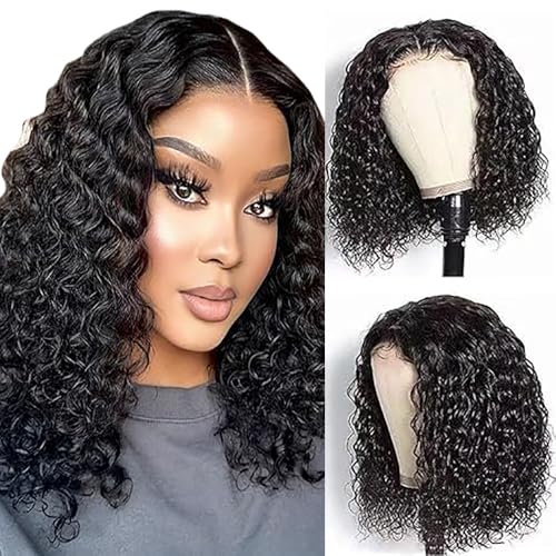 Weeybay Echthaar Perücke für Damen Perücken Short Bob Curly Wave Human Hair Wig Natural Black 4X4 Lace Closure 150% Density Unprocessed Remy Glueless #1B Color 14 Zoll von Weeybay