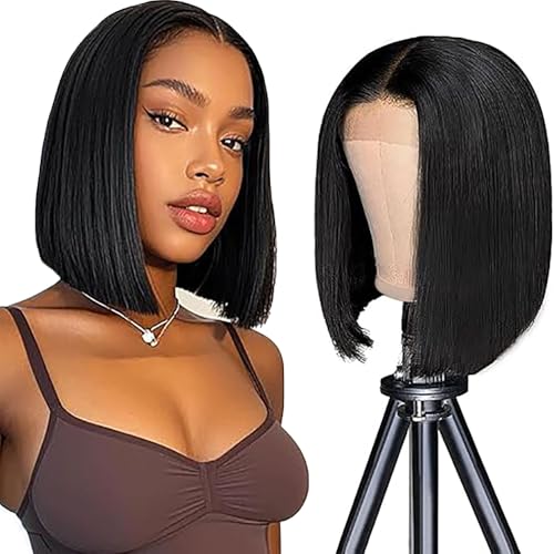 Weeybay Echthaar Perücke für Damen Perücken Short Bob Straight Human Hair Wig Natural Black 4X4 Lace Closure 150% Density Unprocessed Remy Glueless #1B Color 14 Zoll von Weeybay