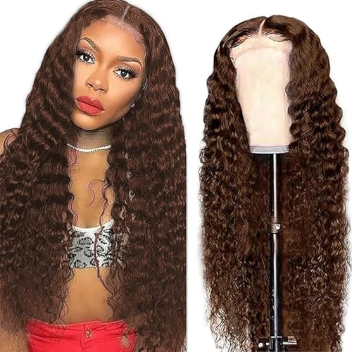 Weeybay Echthaar Perücke Deep Wave Human Hair Wig Glueless Wear and Go 4X1 Lace Closure PerüCken Damen with Baby Hair Bleached Knot Chocolate Brown Color for Woman 24 Zoll von Weeybay