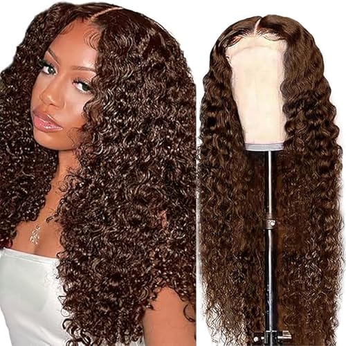 Weeybay Echthaar Perücke für Damen Perücken Deep Wave Human Hair Wig 4X4 Lace Closure Chocalate Brown 150% Density Unprocessed Remy Hair Glueless for Woman 26 Zoll von Weeybay