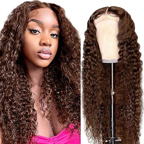 Weeybay Echthaar Perücke für Damen Perücken Deep Wave Human Hair Wig 4X4 Lace Closure Chocalate Brown 150% Density Unprocessed Remy Hair Glueless for Woman 24 Zoll von Weeybay