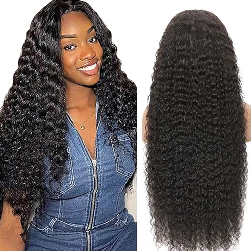 Weeybay Echthaar Perücke für Damen Perücken Deep Wave Human Hair Wig 4X4 Lace Closure Natural Black 150% Density Unprocessed Remy Hair Glueless for Woman 24 Zoll von Weeybay