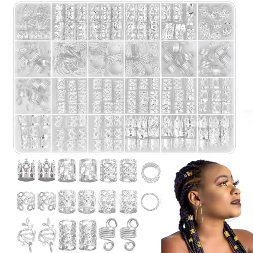220 Stück Haarschmuck Silber für Zöpfe, Silber Haarschmuck für Dreadlocks Dreadlocks Schmuck Klipsen Loc Schmuck für Haar Verstellbar Haarperlen Zum für Männer Frauen Mädchen und Jungen Zöpfe von Wefaly