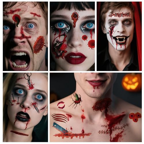 Halloween Tattoos Narben, 12 PCS Temporäre Tattoos Halloween Zombie Scars Tattoo Wasserdicht Terror Tattoo Hallowee n Gefälschte Wunden Aufkleben für Hallowee n Party, Zombie Make Up Gesicht von Wefaly