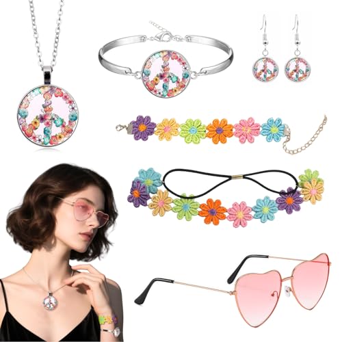 Hippie Kostüm Set mit Sonnenbrille, 7 Stück Hippie Kleidung Damen Herren Accessoires 60er 70er Jahre Bekleidung Friedenszeichen Halskette Und Ohrring for Karneval Fancy Dress Theme Party Halloween von Wefaly
