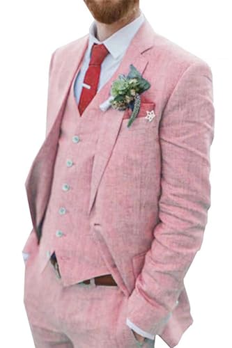 Retro Leinen Herren Anzug Strand Hochzeit Anzug Sommer Slim Fit 3 Stück Leichte Leinen Anzug Jacke Weste Hose Homecoming Smoking, Pink, XL von Wehilion
