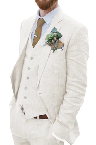 Wehilion Retro-Leinenanzug für Herren, Strand, Hochzeit, Sommer, schmale Passform, 3-teilig, leicht, Leinen, Anzugjacke, Weste, Hose, Smoking, Elfenbein, XL von Wehilion