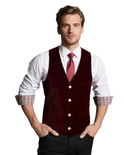Wehilion Samt Herren Weste V Ausschnitt 4 Knöpfe Slim Fit Kleid Anzug Weste Weste Modern Fit, Burgunder, X-Large von Wehilion