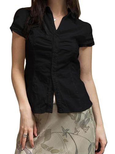 Damen Basic Button Down Bluse Shirts Kurzarm V Ausschnitt Revers Kragen Enge Bluse Tie Up Back Slim Fit Tops Sommer Büro Hemd, Schwarz , S Damen Basic Button Down Bluse Shirts Kurzarm V Ausschnitt Revers Kragen Enge Bluse Tie Up Back Slim Fit Tops Sommer Büro Hemd, Schwarz , S von WeiHykki