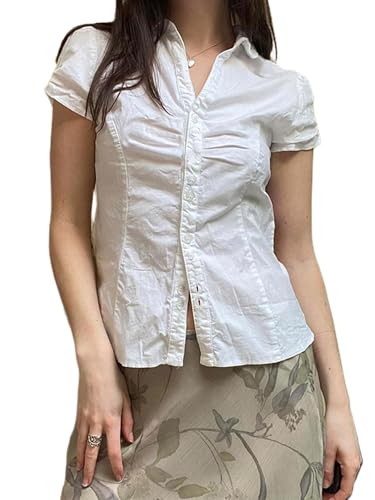 Damen Basic Button Down Bluse Shirts Kurzarm V Ausschnitt Revers Kragen Enge Bluse Tie Up Back Slim Fit Tops Sommer Büro Hemd, weiß, S Damen Basic Button Down Bluse Shirts Kurzarm V Ausschnitt Revers Kragen Enge Bluse Tie Up Back Slim Fit Tops Sommer Büro Hemd, weiß, S von WeiHykki