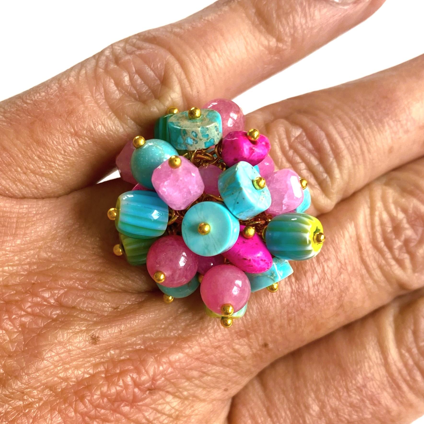 Bunter Ring, Türkis-Pink-Gold, Bettelring Aus Edelsteinen, Glasperlen, Bewegliche Perlen, Cluster Bunter Ring, Türkis-Pink-Gold, Bettelring Aus Edelsteinen, Glasperlen, Bewegliche Perlen, Cluster von Weibertraum