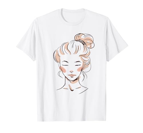 Mädchen Mit Chaotischem Zopf Handgezeichnet Frau Gesicht T-Shirt von Weiblich Vorderansicht Nahaufnahme Schön Frisur