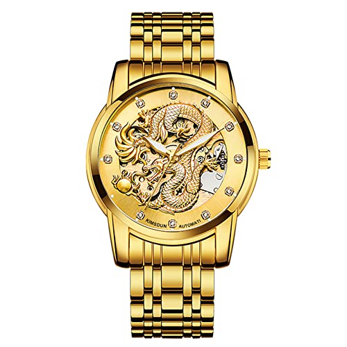 Weicam Luxuriöse mechanische Armbanduhr für Herren und Jungen, mit goldenem Drachenmotiv, geschnitztes Zifferblatt, Diamanten, automatische Skelett-Uhr, lässig, wasserdicht, Sport-Armbanduhr gold von Weicam
