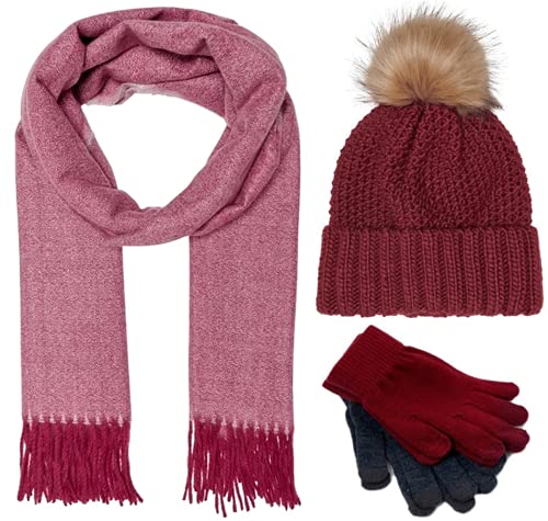 Damen 3er Pack Winter-Set Strickmütze Schal mit Fransen Handschuhe Mütze weich Wintermütze Vorteilspack (Rot) von Weichers