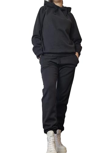 Damen Baumwoll Set Hausanzug Jogginganzüge Hoodie Jogginghose 2-Teilig kuschelig Kapuzenpullover warm Freizeitanzug Sweatshirt gefüttert Hose Winteranzug (as3, alpha, l, regular, regular, Schwarz, L) von Weichers