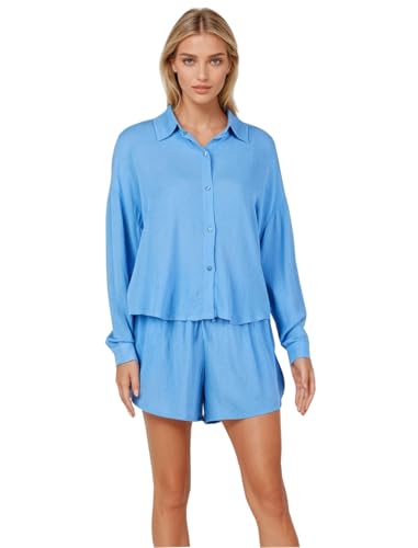 Zweiteiler Damen XS-L Sommer Bluse einteiler Hemd Shorts Elegantes Lounge Set Strand Outfit Leicht Oberteil und Hose Freizeitanzug (1, M) von Weichers