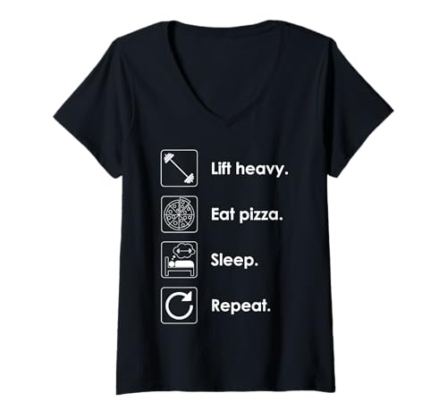 Damen Lift Eat Pizza Repeat Witziges Fitness Weightlifting Design T-Shirt mit V-Ausschnitt Damen Lift Eat Pizza Repeat Witziges Fitness Weightlifting Design T-Shirt mit V-Ausschnitt von Weightlifting and Food Humor