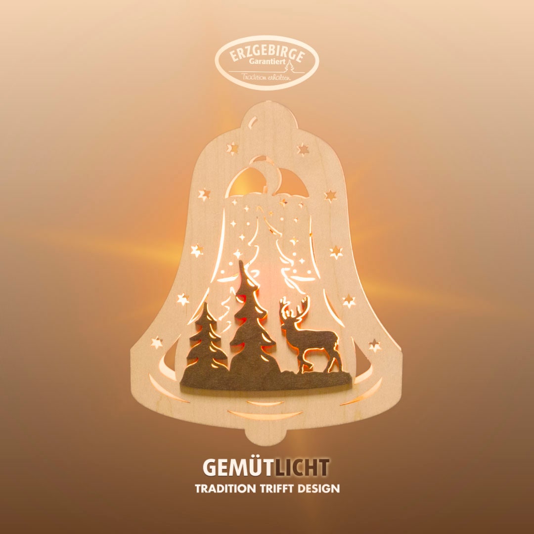 Weigla Dekofigur "beleuchtetes Fensterbild,Glocke, Waldmotiv,NATUR-BRAUN,Made in Germany" Erzgebirge garantiert, Weihnachtsdeko Innen, Weihnachtsbeleuchtung von Weigla