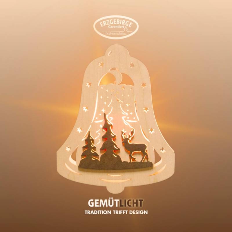 Weigla Dekofigur "beleuchtetes Fensterbild,Glocke, Waldmotiv,NATUR-BRAUN,Made in Germany" Erzgebirge garantiert, Weihnachtsdeko Innen, Weihnachtsbeleuchtung von Weigla
