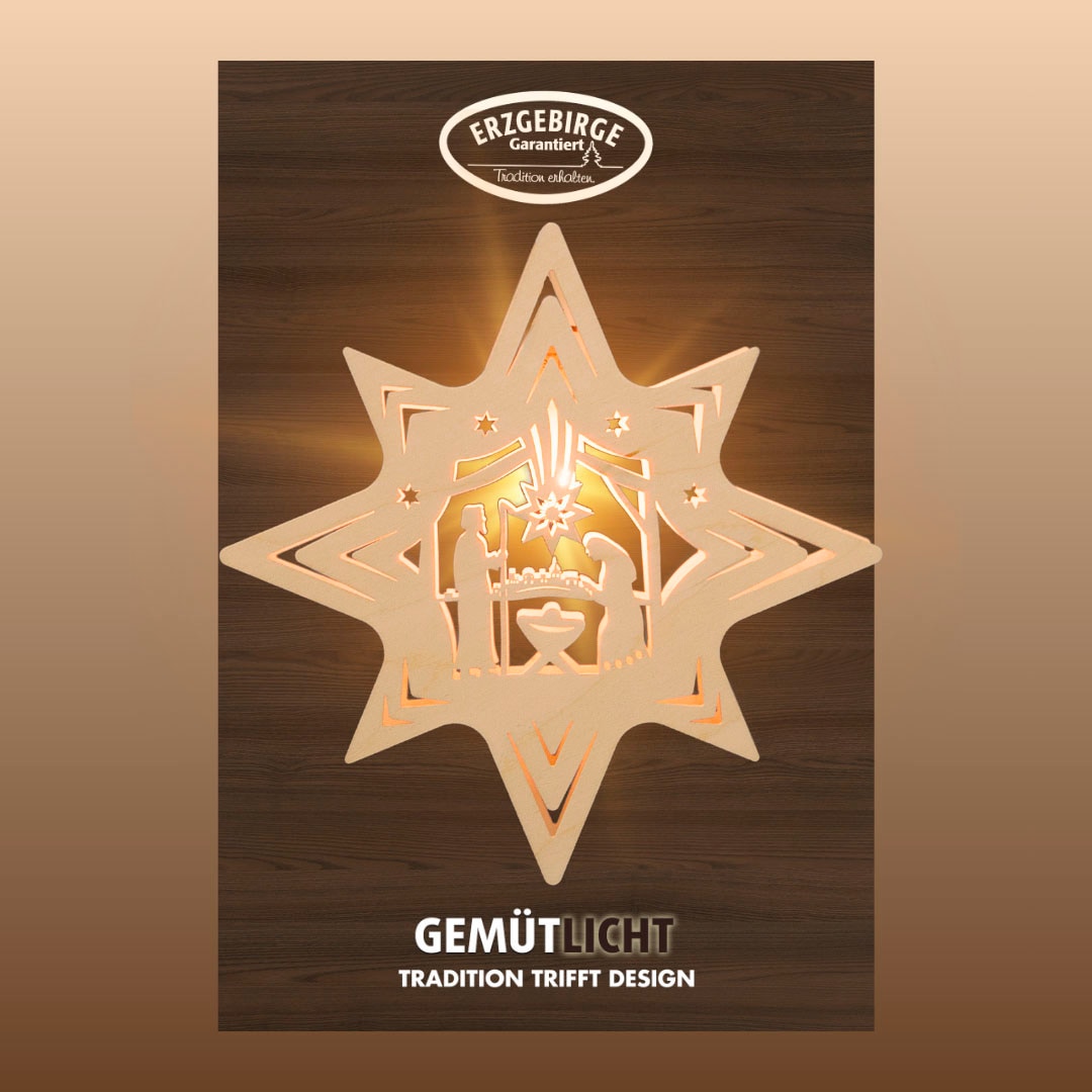 Weigla Dekostern "Christi Geburt, Bethlehem, Fensterbild, NATUR, Made in Germany" Erzgebirge garantiert, Weihnachtsdeko Innen, Weihnachtsbeleuchtung von Weigla