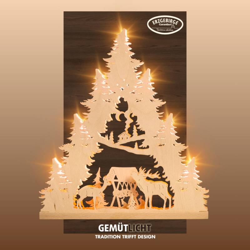 Weigla LED Lichterbogen "Hirschfamilie, Schwibbogen aus Holz, NATUR, Made in Germany" 1 Stk. Erzgebirge garantiert, Weihnachtsdeko Innen, Weihnachtsbeleuchtung von Weigla