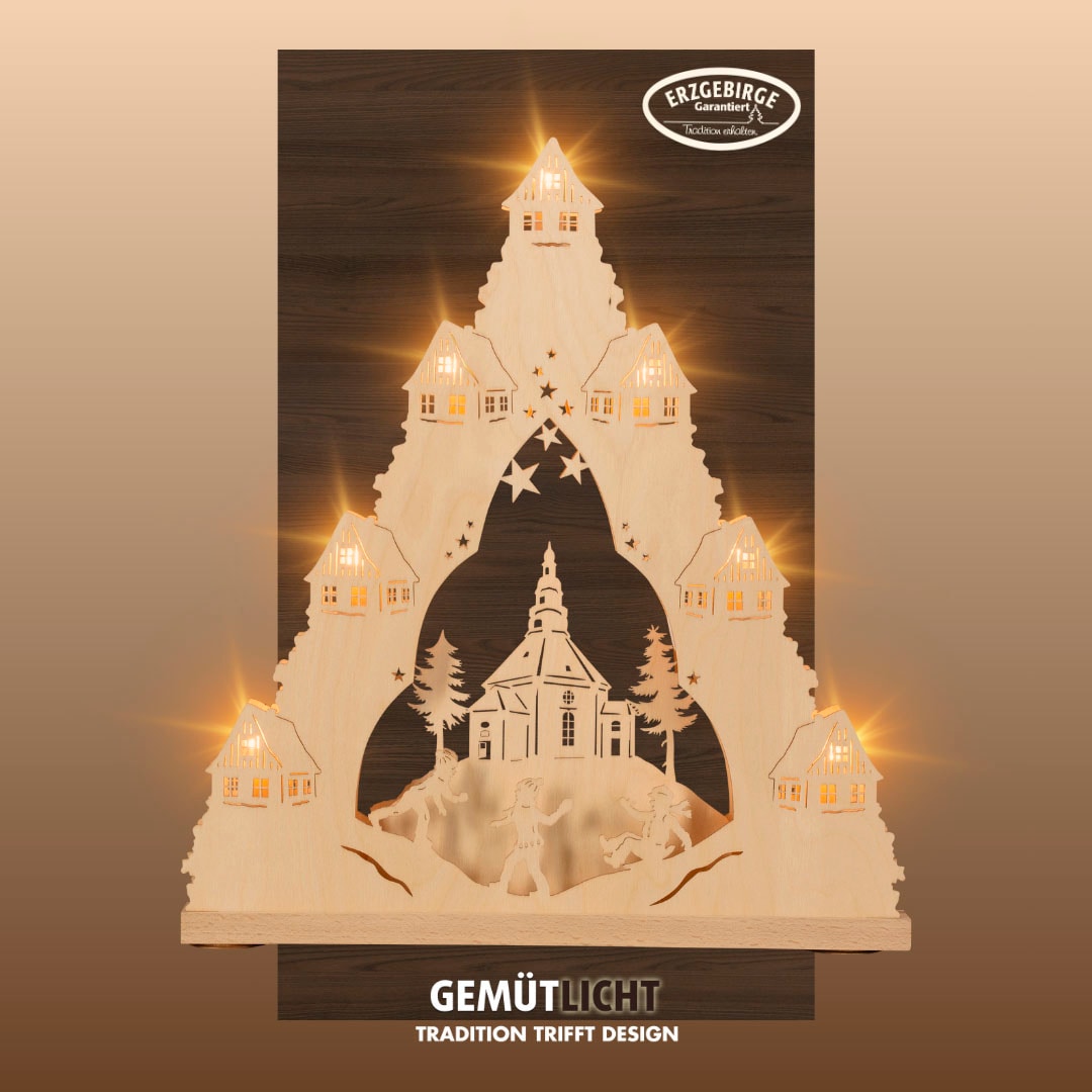 Weigla LED Schwibbogen "Seiffener Kirche, Lichterspitze aus Holz, NATUR, Made in Germany" 1 Stk. Erzgebirge garantiert, Weihnachtsdeko Innen, Weihnachtsbeleuchtung von Weigla