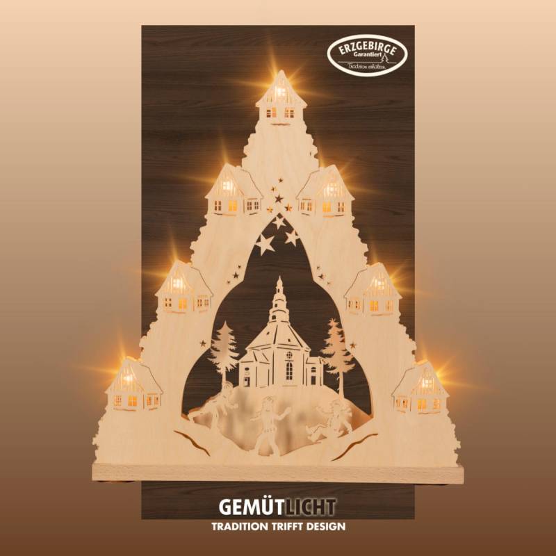 Weigla LED Schwibbogen "Seiffener Kirche, Lichterspitze aus Holz, NATUR, Made in Germany" 1 Stk. Erzgebirge garantiert, Weihnachtsdeko Innen, Weihnachtsbeleuchtung von Weigla